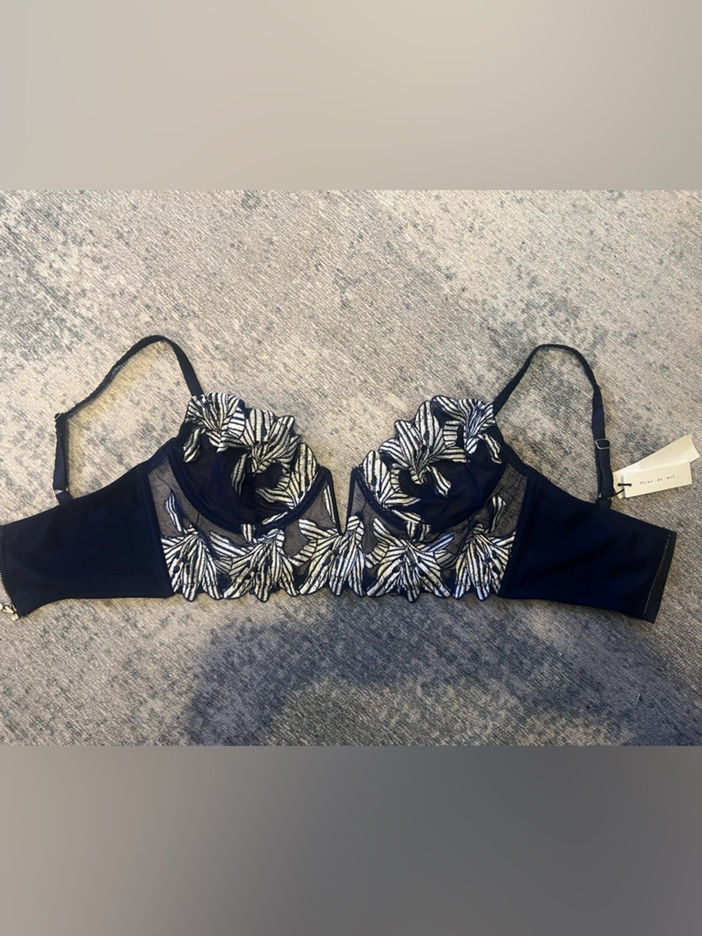 Fleur du Mal Black Bra with White Floral Embroidery